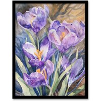Artery8 Wall Art Print Purple Watercolour Lilies Painting Springtime Art Framed Poster in Black | Size: A4