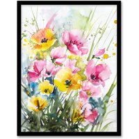 Artery8 Wall Art Print Watercolour Spring Flowers Painting Floral Elegant Art Framed Poster in Black | Size: A4
