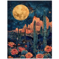 Artery8 Wall Art Print Flower Cactus by Moon Grand Canyon Starry Night Poster in Dark Blue | Size: W18" x H24"