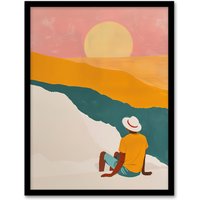 Artery8 Wall Art Print Watching the Sunset Block Beach Relax Boho Art Framed Poster in Black | Size: W12" x H16"