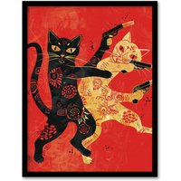 Artery8 Wall Art Print Cat Fight Fun Lover Red Black Japanese Style Art Framed Poster | Size: A4