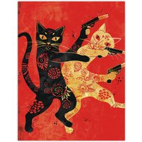 Artery8 Wall Art Print Cat Fight Fun Lover Red Black Japanese Style Poster | Size: W24" x H32"