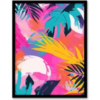 Artery8 Wall Art Print Abstract Bright & Bold Leaves Tropical Painting Art Framed Poster in Black | Size: A4