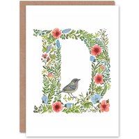 Artery8 Women's Greeting Card Letter D in Flowers with Bird Garden Watercolour Floral Alphabet Florist For Her Birthday Mum Wife Woman Friend