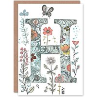 Artery8 Women's Greeting Card Letter H Wildflower Garden Watercolour Butterfly Floral Alphabet Florist For Her Birthday Mum Wife Woman Friend