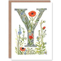 Artery8 Women's Greeting Card Letter Y in Watercolour & Pencil Poppy Garden Floral Alphabet Florist For Her Birthday Mum Wife Woman Friend