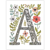 Artery8 Women's Wall Art Print Letter A in Wildflowers Ornate Pencil Drawing Floral Word Art For Her Poster | Size: W18" x H24"