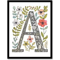 Artery8 Women's Wall Art Print Letter A in Wildflowers Ornate Pencil Drawing Floral Word Art Framed | Size: A4