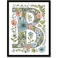 Artery8 Women's Wall Art Print Letter B in Flowers Pencil Drawing Nature Leaves Floral Word Art Framed | Size: A4
