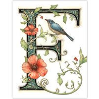Artery8 Women's Wall Art Print Letter F in Calligraphy Watercolour Bird Flowers Floral Word Art For Her Poster | Size: W24" x H32"