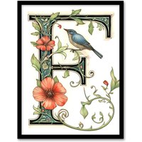 Artery8 Women's Wall Art Print Letter F in Calligraphy Watercolour Bird Flowers Floral Word Art Framed | Size: A4