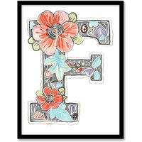 Artery8 Women's Wall Art Print Letter F with Flowers Simple Pencil Watercolour Floral Word Art Framed | Size: A4