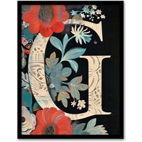 Artery8 Women's Wall Art Print Letter G with Abstract Flowers Painting Foliage Floral Word Art Framed | Size: A4