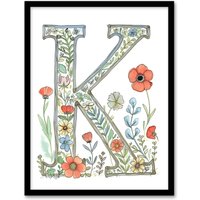 Artery8 Women's Wall Art Print Letter K Watercolour Wildflowers Delicate Nature Floral Word Art Framed | Size: W12" x H16"