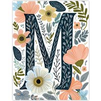 Artery8 Women's Wall Art Print Letter M in Abstract Watercolour Flowers Cute Floral Word Art For Her Poster | Size: W24" x H32"