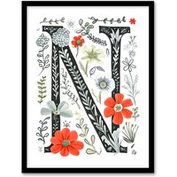 Artery8 Women's Wall Art Print Letter N in Poppies Wildflowers Pen Drawing Floral Word Art Framed | Size: A4