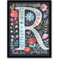 Artery8 Women's Wall Art Print Letter R in Bright Watercolour Flowers Cute Floral Word Art Framed | Size: W12" x H16"