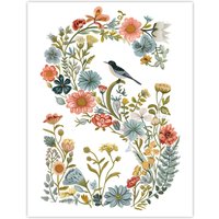 Artery8 Women's Wall Art Print Letter S in Classic Wildflowers with Bird Elegant Floral Word Art For Her Poster | Size: W12" x H16"