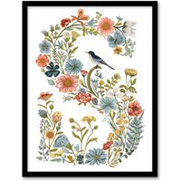 Artery8 Women's Wall Art Print Letter S in Classic Wildflowers with Bird Elegant Floral Word Art Framed | Size: W12" x H16"