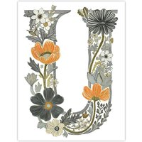 Artery8 Women's Wall Art Print Letter U in Wildflowers Line Drawing Red Delicate Floral Word Art For Her Poster | Size: W24" x H32"