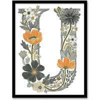 Artery8 Women's Wall Art Print Letter U in Wildflowers Line Drawing Red Delicate Floral Word Art Framed | Size: A4