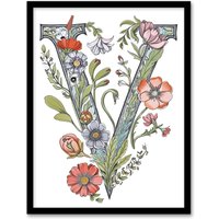 Artery8 Women's Wall Art Print Letter V Classic Watercolour Wildflowers Elegant Floral Word Art Framed | Size: W12" x H16"