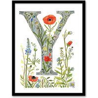 Artery8 Women's Wall Art Print Letter Y in Watercolour & Pencil Poppy Garden Floral Word Art Framed | Size: W12" x H16"