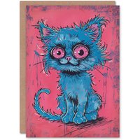 Artery8 Birthday Card Blue Kitty Pet Cat Lover Cartoon Cute For Child Kids Son Daughter Greeting Card