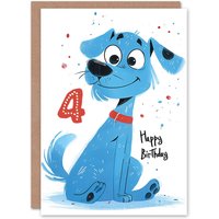Artery8 Birthday Card Blue Dog Lover Puppy Cartoon Cute 4th 4 Year Old For Child Kids Son Daughter Greeting Card