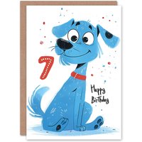Artery8 Birthday Card Blue Dog Lover Puppy Cartoon Cute 7th 7 Year Old For Child Kids Son Daughter Greeting Card