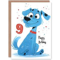Artery8 Birthday Card Blue Dog Lover Puppy Cartoon Cute 9th 9 Year Old For Child Kids Son Daughter Greeting Card