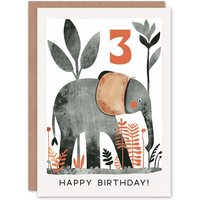 Artery8 Birthday Card Elephant Safari Nature Animal Cartoon Cute 3rd 3 Year Old For Child Kids Son Daughter Greeting Card in Grey