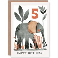 Artery8 Birthday Card Elephant Safari Nature Animal Cartoon Cute 5th 5 Year Old For Child Kids Son Daughter Greeting Card in Grey