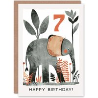 Artery8 Birthday Card Elephant Safari Nature Animal Cartoon Cute 7th 7 Year Old For Child Kids Son Daughter Greeting Card in Grey