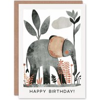 Artery8 Birthday Card Elephant Safari Nature Animal Cartoon Cute For Child Kids Son Daughter Greeting Card in Grey