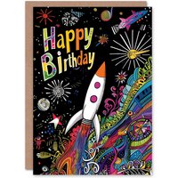 Artery8 Birthday Card Space Rocket Planets Astronaut Colourful Fun For Child Kids Son Daughter Greeting Card