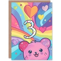 Artery8 Birthday Card Hamster Bear Rainbow Kawaii Cartoon Cute 3rd 3 Year Old For Child Kids Son Daughter Greeting Card