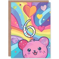 Artery8 Birthday Card Hamster Bear Rainbow Kawaii Cartoon Cute 6th 6 Year Old For Child Kids Son Daughter Greeting Card