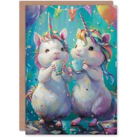 Artery8 Birthday Card Hamster Rainbow Unicorn Tea Party Cartoon Cute For Child Kids Son Daughter Greeting Card in Blue