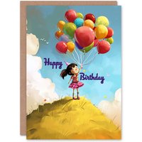 Artery8 Birthday Card Little Girl Balloon Bundle Hill Cartoon Cute For Child Kids Son Daughter Greeting Card in Blue