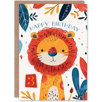 Artery8 Birthday Card Cute Jungle Lion Bright Cartoon Drawing 3rd 3 Year Old For Child Kids Son Daughter Greeting Card in Orange