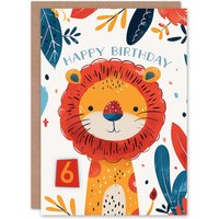 Artery8 Birthday Card Cute Jungle Lion Bright Cartoon Drawing 6th 6 Year Old For Child Kids Son Daughter Greeting Card in Orange