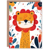 Artery8 Birthday Card Cute Lion Jungle Bright Cartoon Drawing For Child Kids Son Daughter Greeting Card in Orange