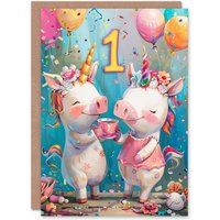 Artery8 Birthday Card Cute Pig Unicorn Piglet Party Balloons 1st First One Year Old For Child Kids Son Daughter Greeting Card