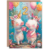 Artery8 Birthday Card Cute Pig Unicorn Piglet Party Balloons 2nd 2 Year Old For Child Kids Son Daughter Greeting Card