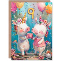 Artery8 Birthday Card Cute Pig Unicorn Piglet Party Balloons 9th 9 Year Old For Child Kids Son Daughter Greeting Card