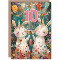 Artery8 Birthday Card Cute Bunny Rabbit Unicorn Balloons Forest Party 10th 10 Year Old For Child Kids Son Daughter Greeting Card