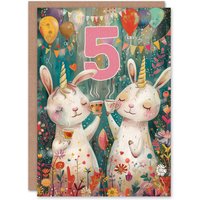 Artery8 Birthday Card Cute Bunny Rabbit Unicorn Balloons Forest Party 5th 5 Year Old For Child Kids Son Daughter Greeting Card
