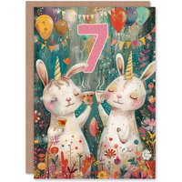 Artery8 Birthday Card Cute Bunny Rabbit Unicorn Balloons Forest Party 7th 7 Year Old For Child Kids Son Daughter Greeting Card
