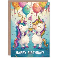 Artery8 Birthday Card Rainbow Unicorn Party Balloons Cartoon Cute 4th 4 Year Old For Child Kids Son Daughter Greeting Card